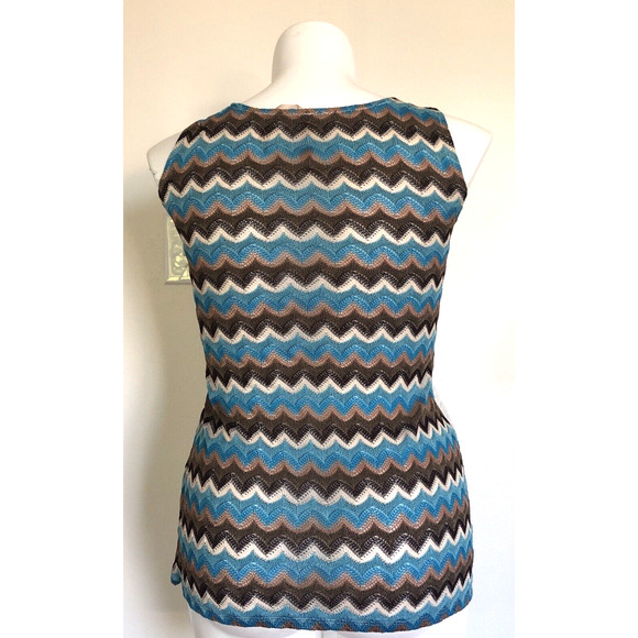 HEM & THREAD Ivory Front Blue Brown Back Knit Round Neck Tank Top Size Small - Picture 3 of 9